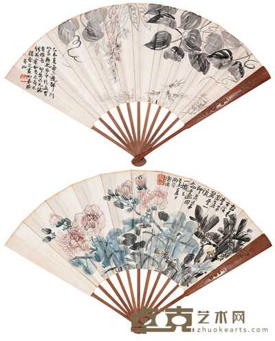 齐白石 陈师曾 1919年作 花卉草虫 成扇 22×58cm